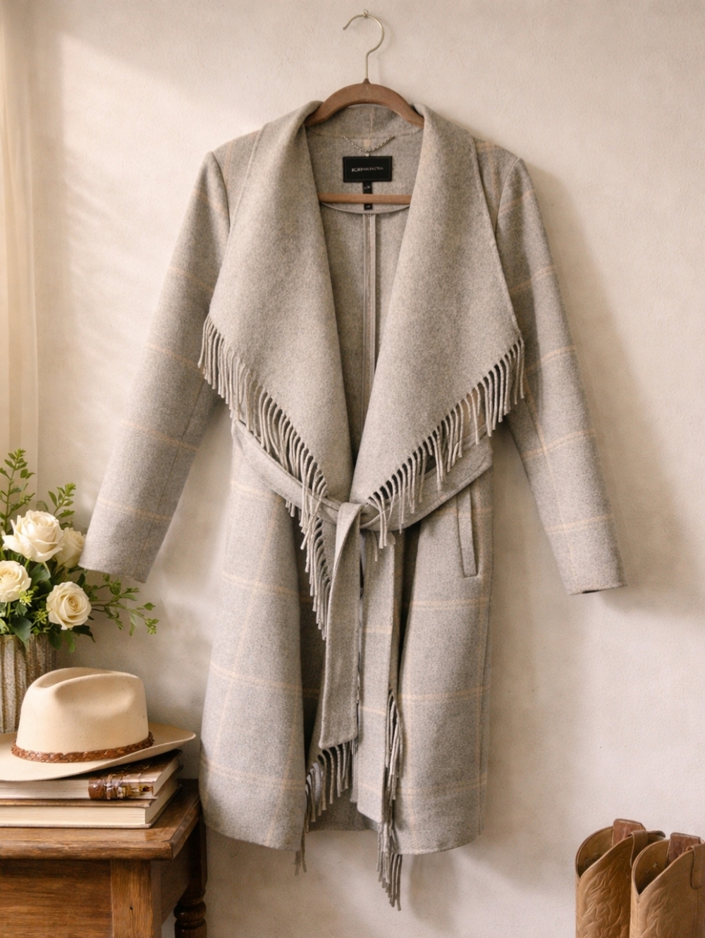 BCBGMaxAzria Fringed Plaid Wool Coat Size S Grey Western Old Money Ranch Style